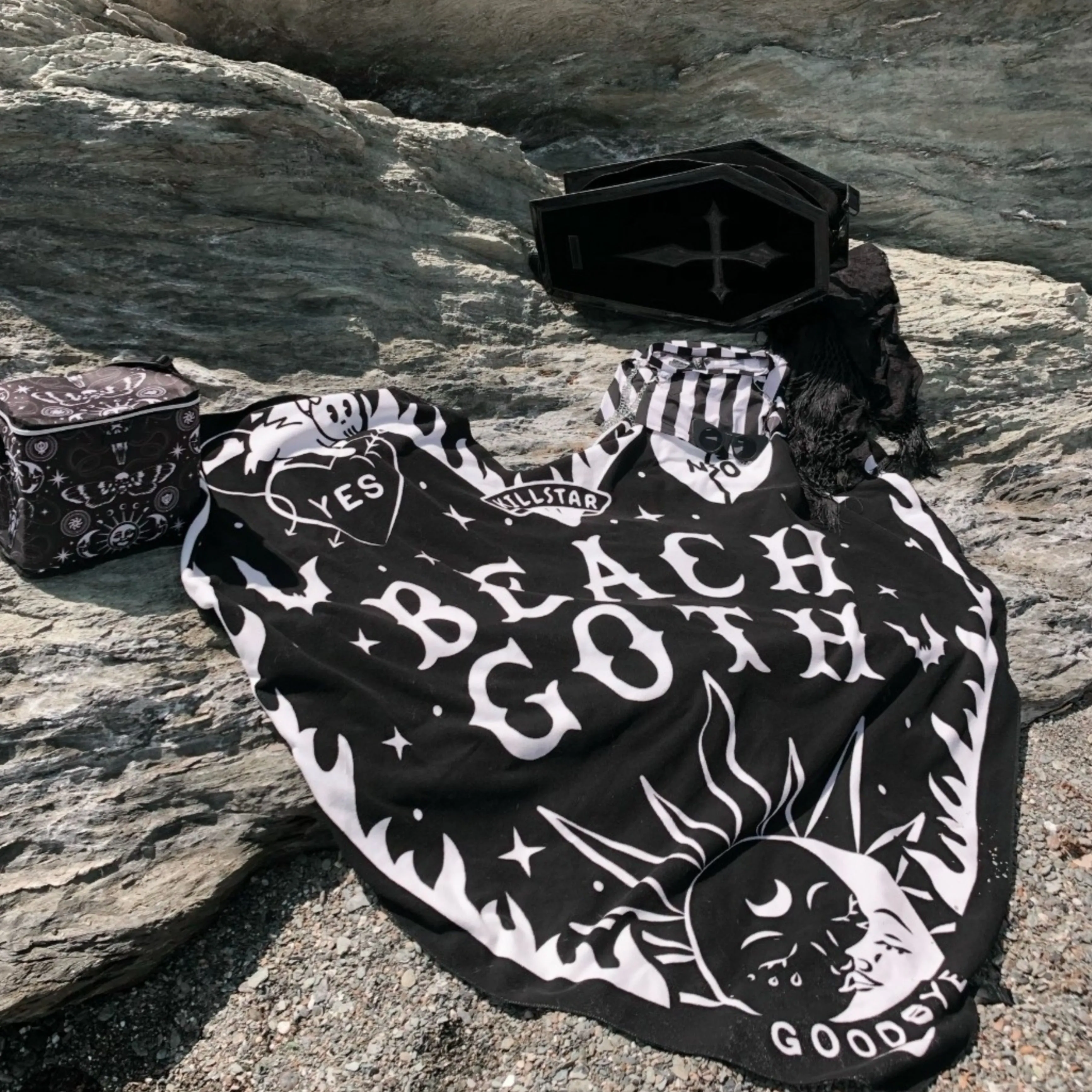 Beach Goth Heart Shaped Beach Towel | Black White Ouija Design