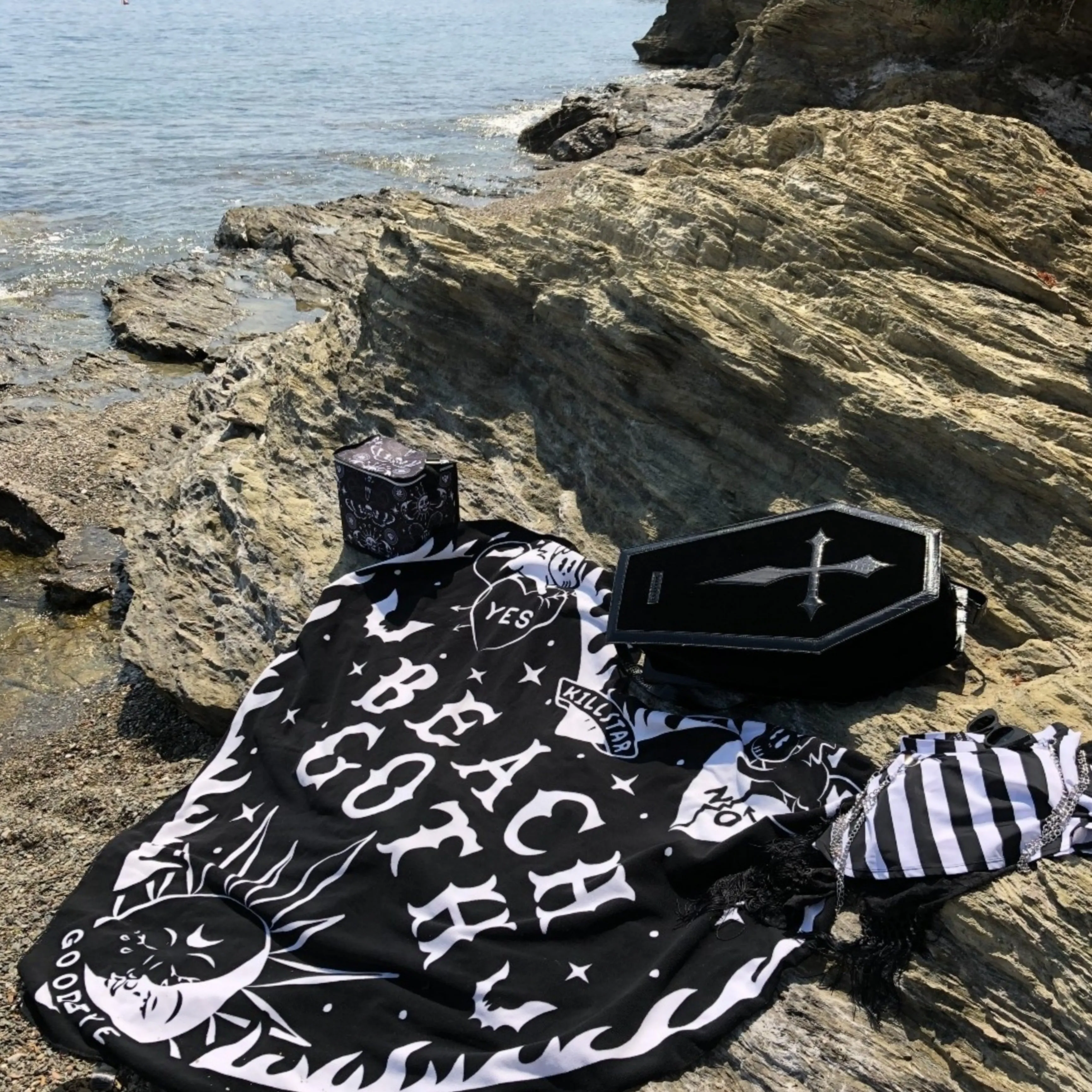 Beach Goth Heart Shaped Beach Towel | Black White Ouija Design