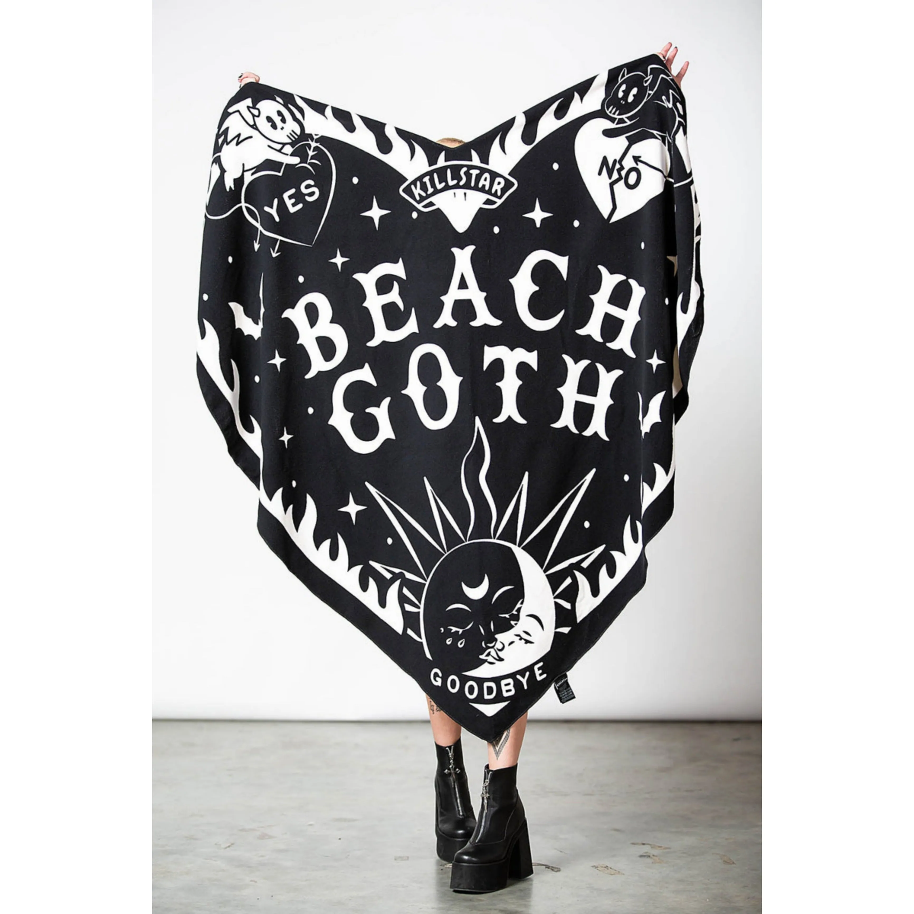 Beach Goth Heart Shaped Beach Towel | Black White Ouija Design