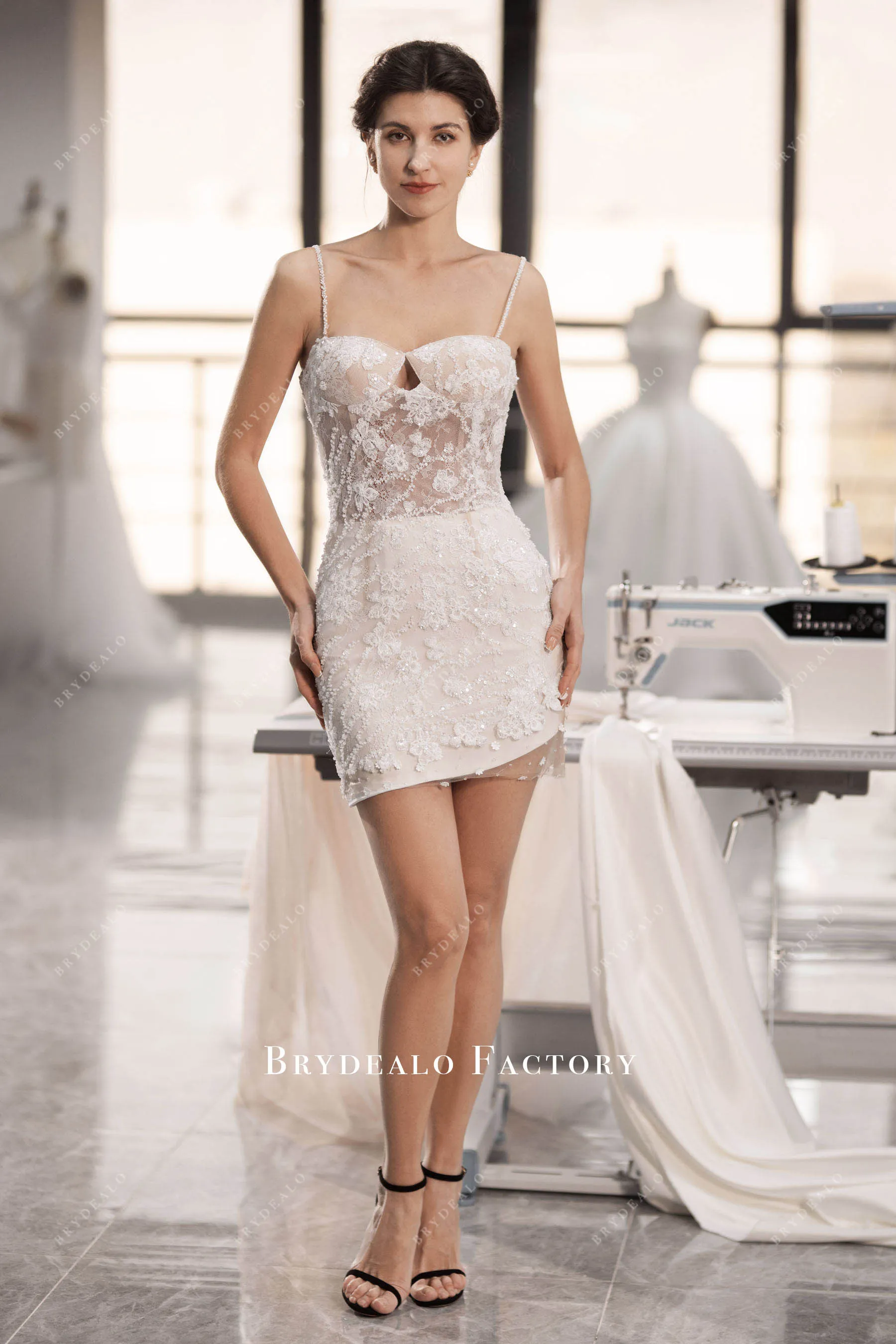 Beaded Lace Bridal Bodycon With Puffy Flower Overskirt