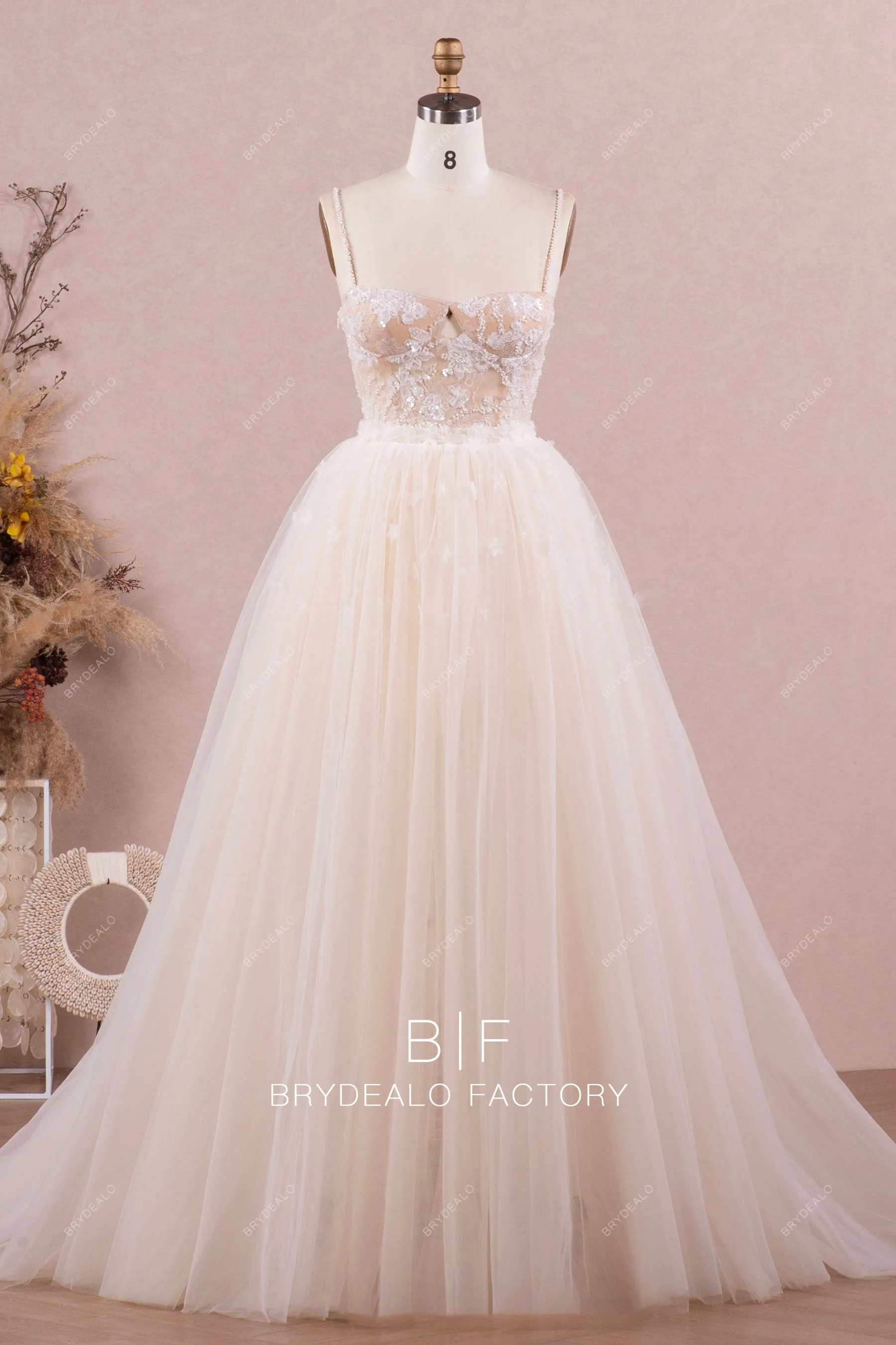 Beaded Lace Bridal Bodycon With Puffy Flower Overskirt
