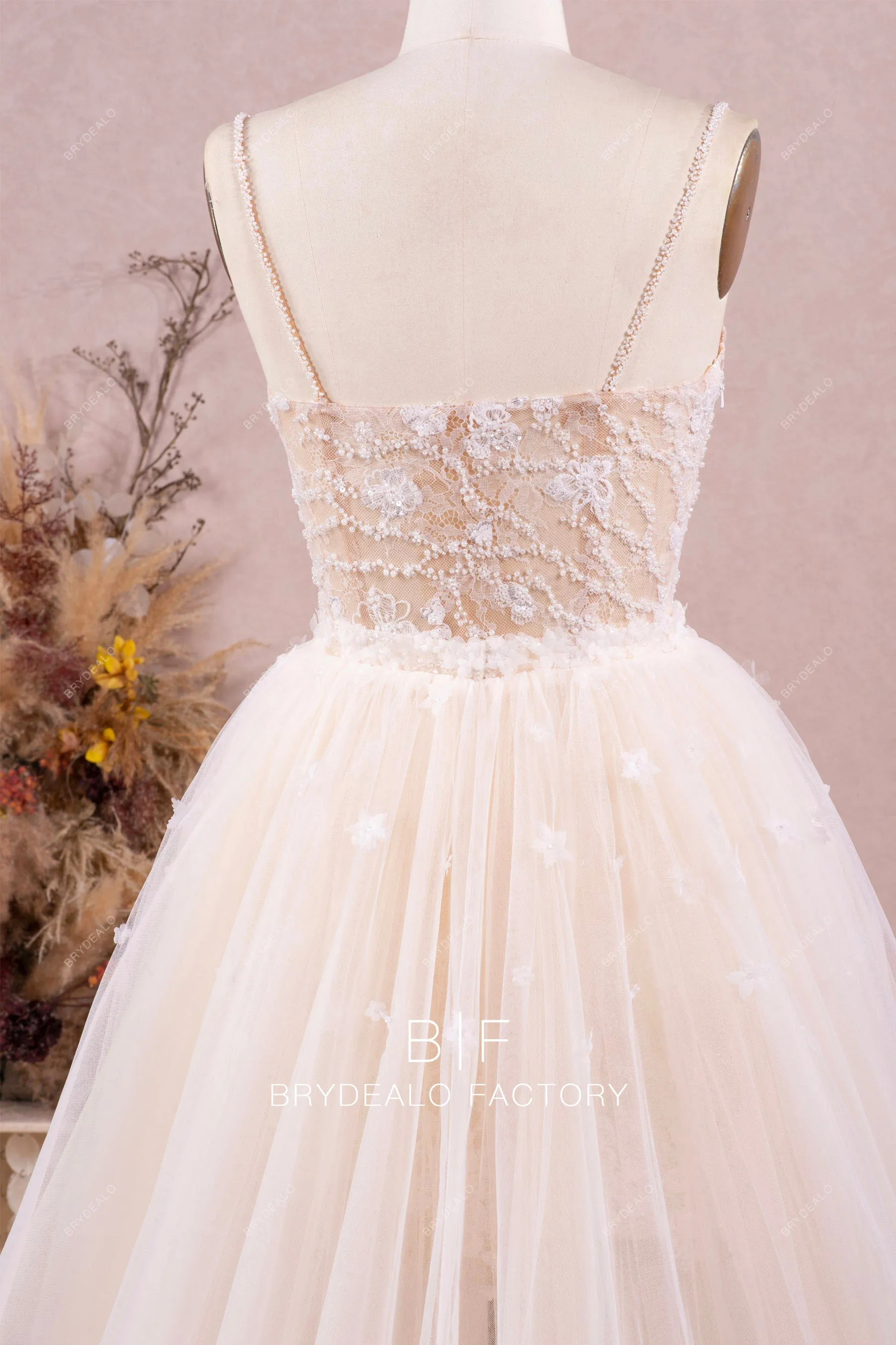 Beaded Lace Bridal Bodycon With Puffy Flower Overskirt