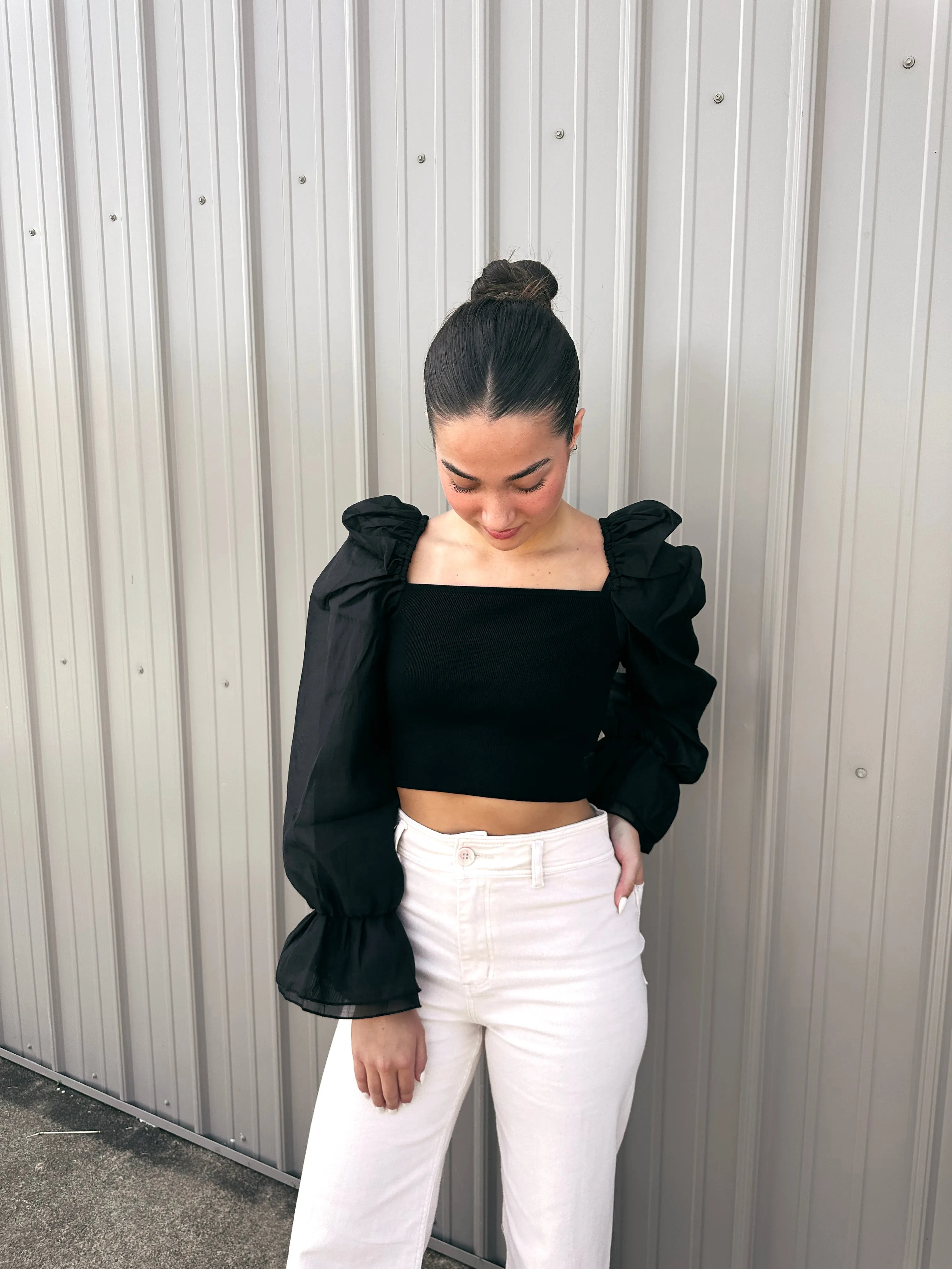 Black Bubble Sleeve Top