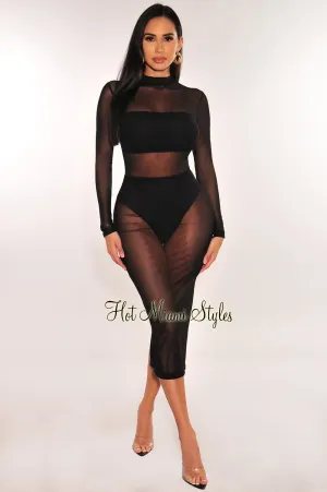 Black Mock Neck Sheer Mesh Long Sleeve Dress