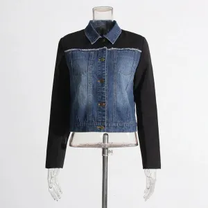 Casual Fashion Patchwork Denim Jackets For Women Lapel Long Sleeve Spliced Single Breasted Short Jacket Female Clothing