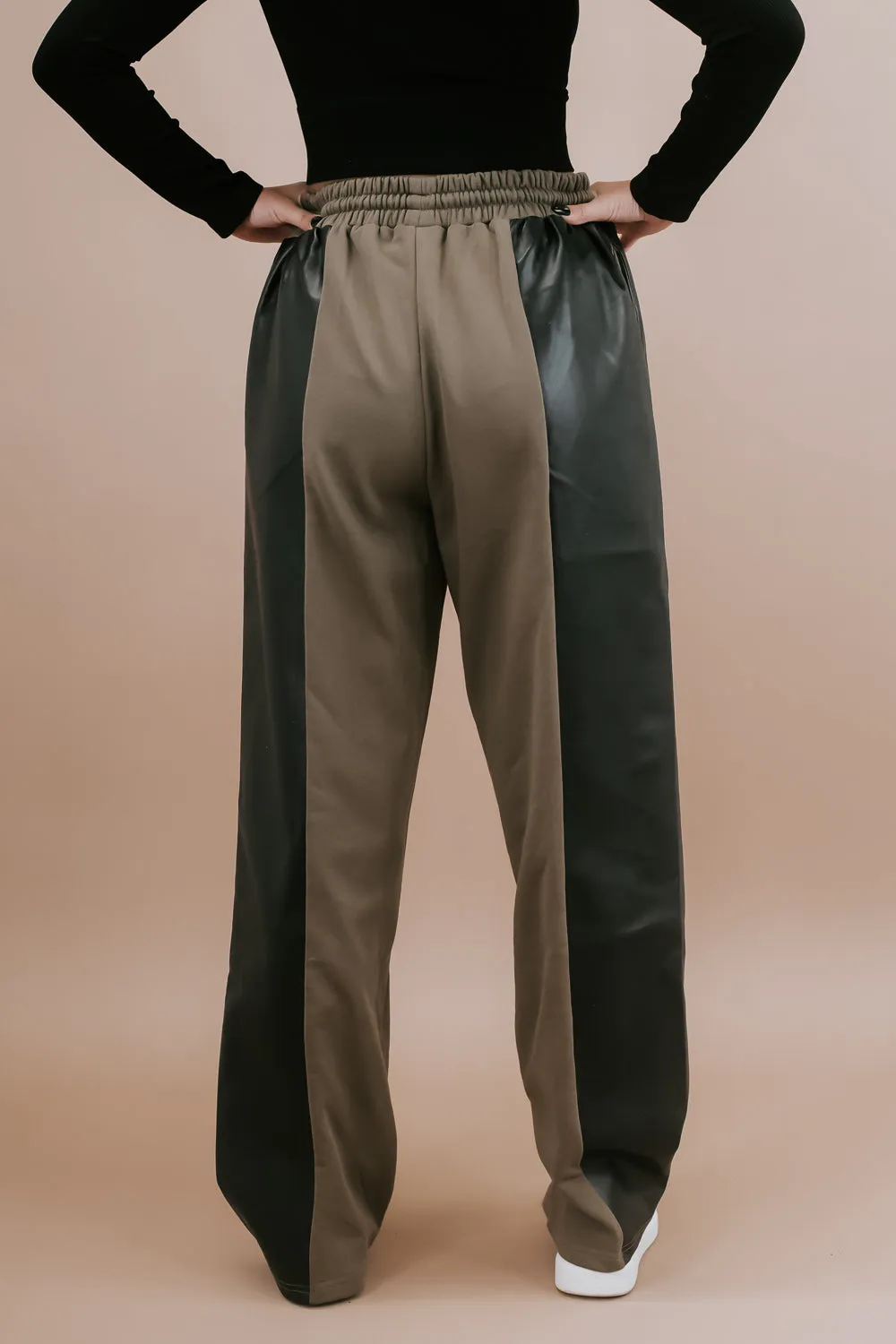 Edgiest Leather Split Sweatpants, Olive Combo