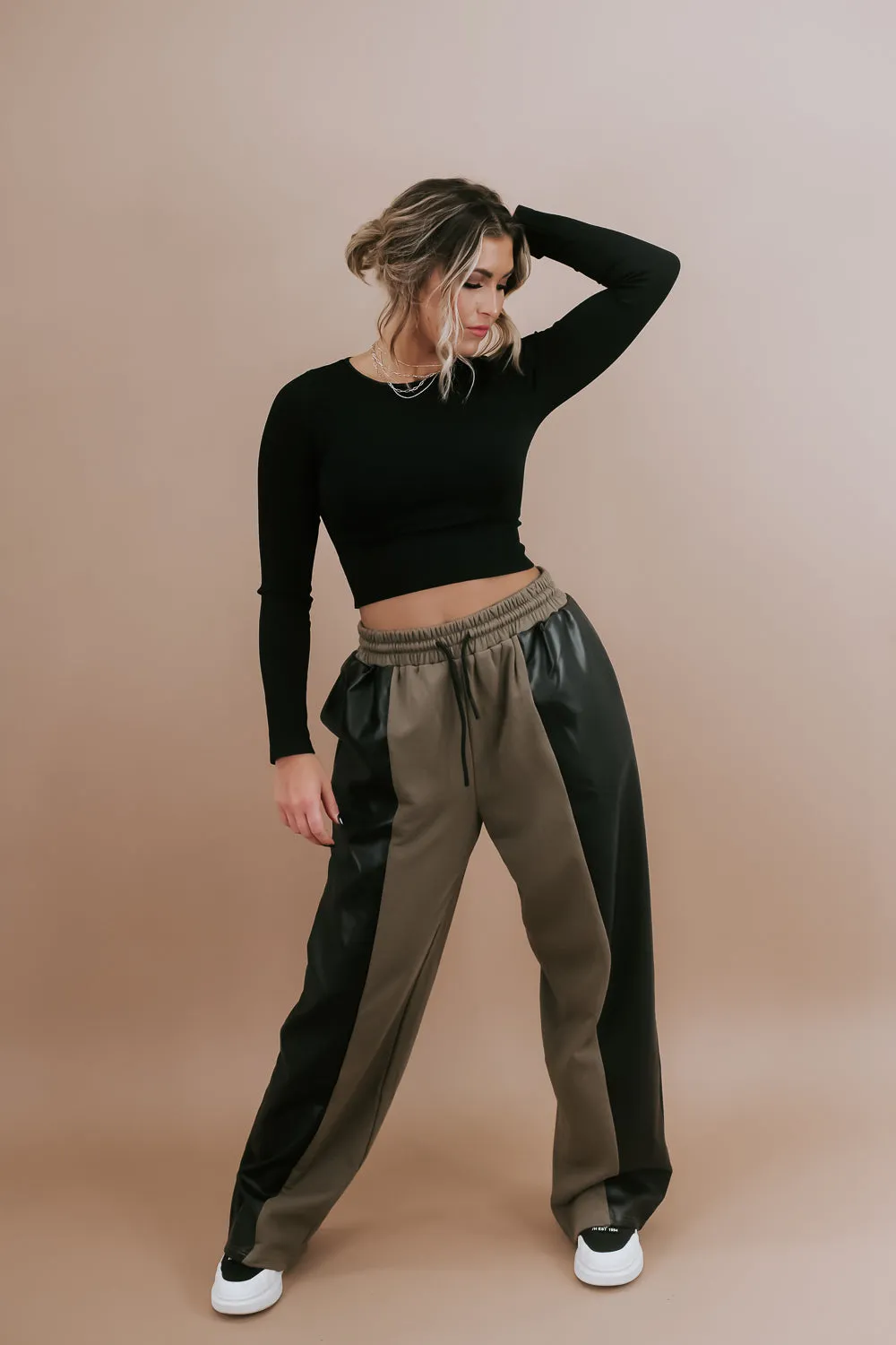 Edgiest Leather Split Sweatpants, Olive Combo