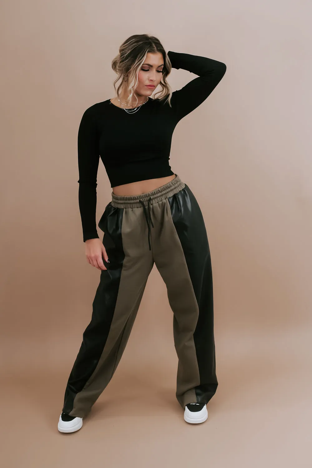 Edgiest Leather Split Sweatpants, Olive Combo