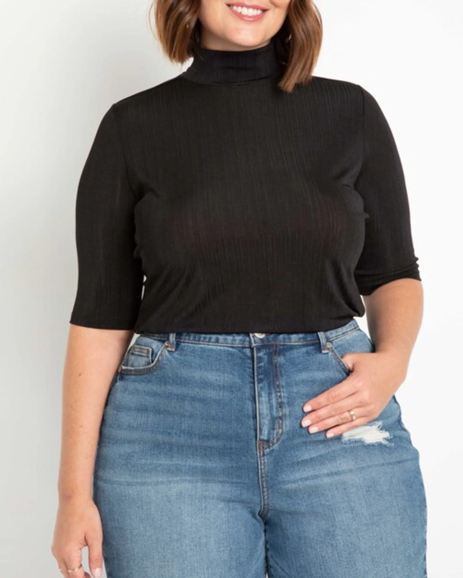 Janet Elbow Sleeve Mock Neck Top | Black Onyx