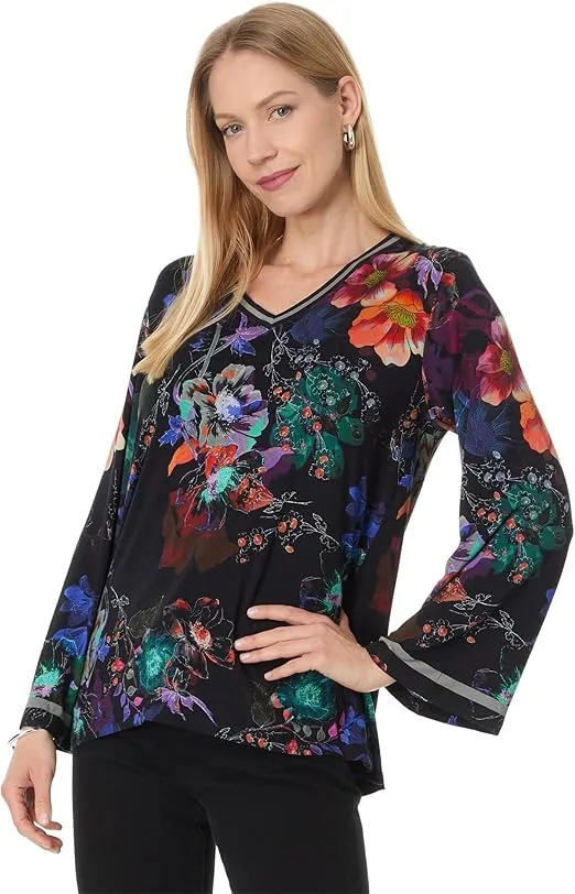 Johnny Was Janie Favorite V Kimono Midnight Tee Swing Floral Shirt Black Top Small NEW