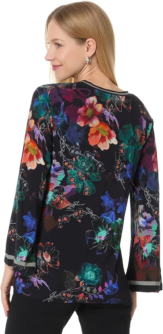 Johnny Was Janie Favorite V Kimono Midnight Tee Swing Floral Shirt Black Top Small NEW