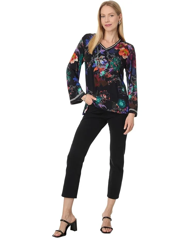 Johnny Was Janie Favorite V Kimono Midnight Tee Swing Floral Shirt Black Top Small NEW