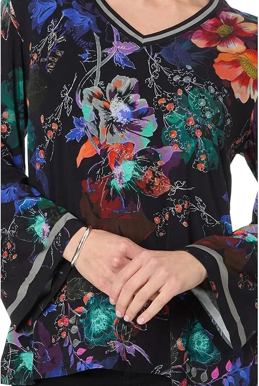 Johnny Was Janie Favorite V Kimono Midnight Tee Swing Floral Shirt Black Top Small NEW