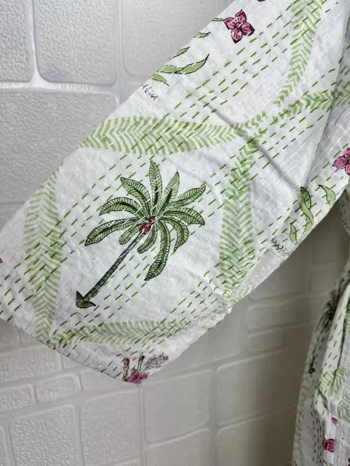 Kantha Pure Cotton Reversible Short Kimono Women Jacket Floral Print White Green