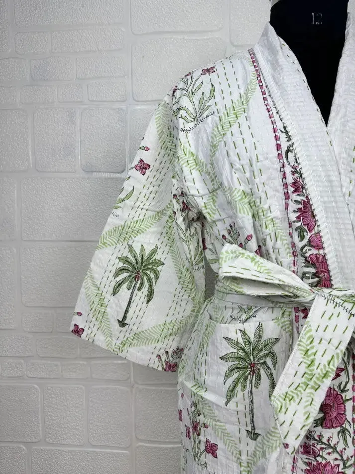 Kantha Pure Cotton Reversible Short Kimono Women Jacket Floral Print White Green
