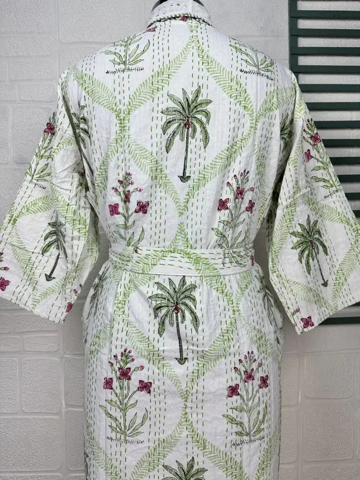 Kantha Pure Cotton Reversible Short Kimono Women Jacket Floral Print White Green