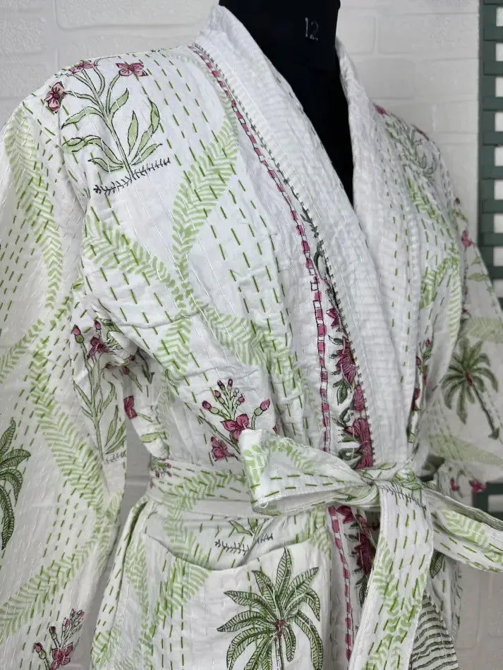Kantha Pure Cotton Reversible Short Kimono Women Jacket Floral Print White Green