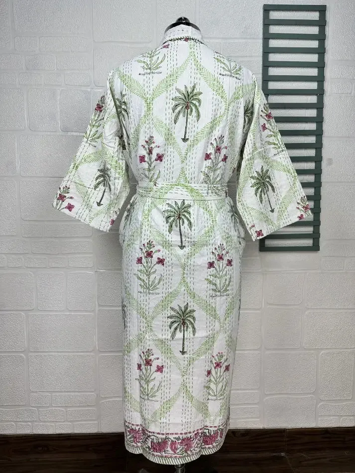 Kantha Pure Cotton Reversible Short Kimono Women Jacket Floral Print White Green