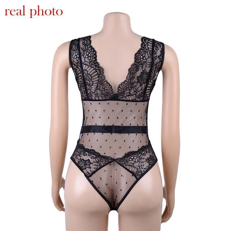 Lace Bodysuit Floral Embroidery Deep V Neck