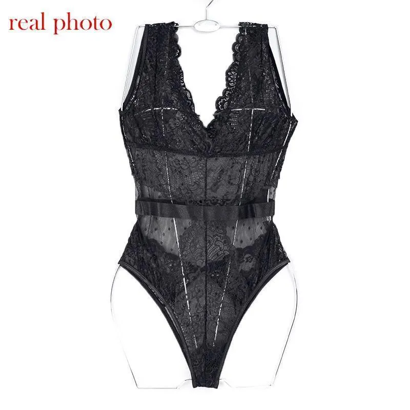 Lace Bodysuit Floral Embroidery Deep V Neck