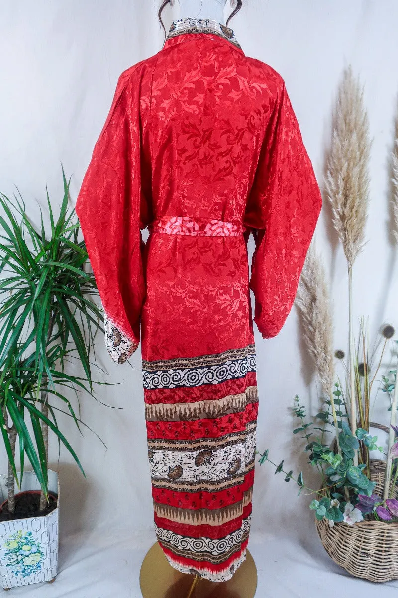 Lotus Kimono Dress - Mrs Claus Red Mistletoe Leaf Jacquard - Vintage Sari - Free Size