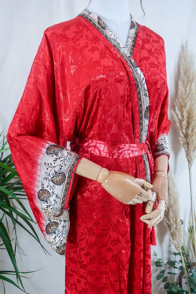 Lotus Kimono Dress - Mrs Claus Red Mistletoe Leaf Jacquard - Vintage Sari - Free Size