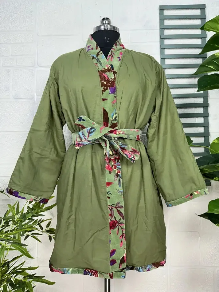 Luxury Velvet House Robe Unisex Kimono Jacket Reversible Silk Lined Autumn Winter Gift Elegant Bird Green Malibu Bluish Valentine Love