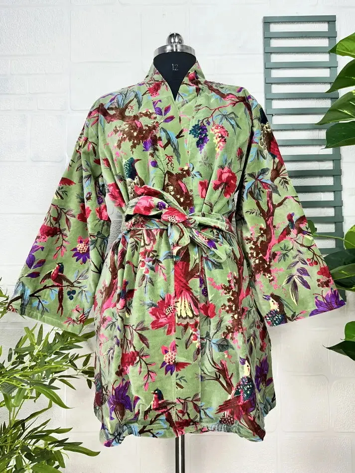 Luxury Velvet House Robe Unisex Kimono Jacket Reversible Silk Lined Autumn Winter Gift Elegant Bird Green Malibu Bluish Valentine Love