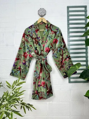 Luxury Velvet House Robe Unisex Kimono Jacket Reversible Silk Lined Autumn Winter Gift Elegant Bird Green Malibu Bluish Valentine Love