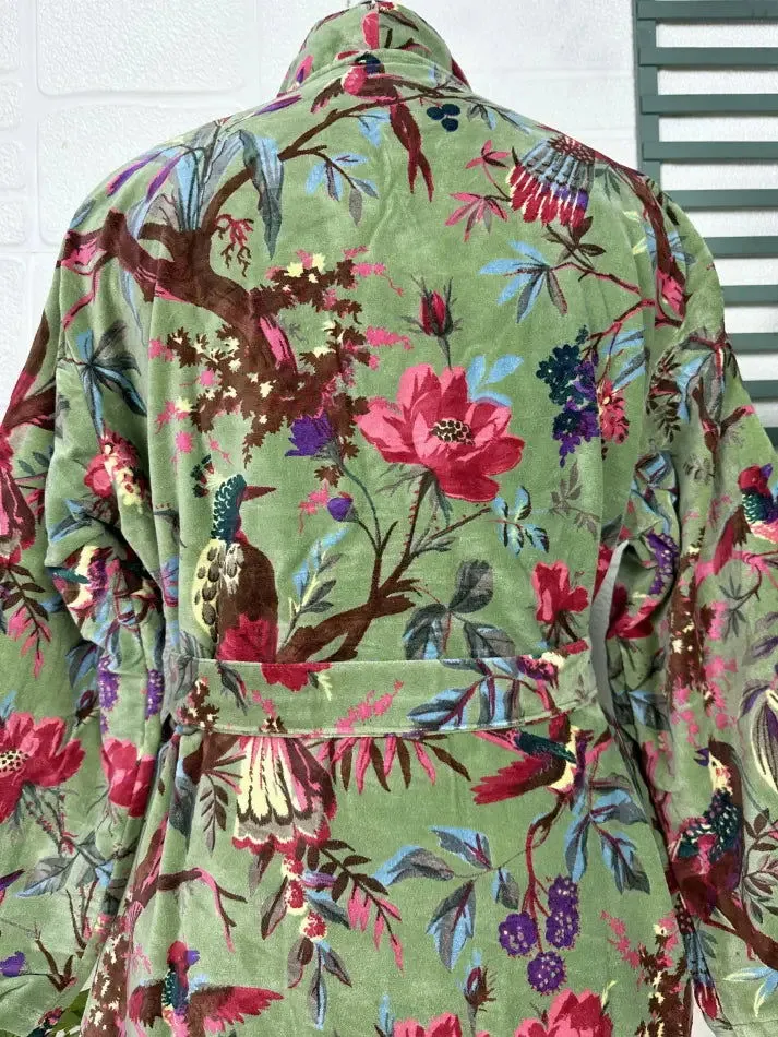 Luxury Velvet House Robe Unisex Kimono Jacket Reversible Silk Lined Autumn Winter Gift Elegant Bird Green Malibu Bluish Valentine Love