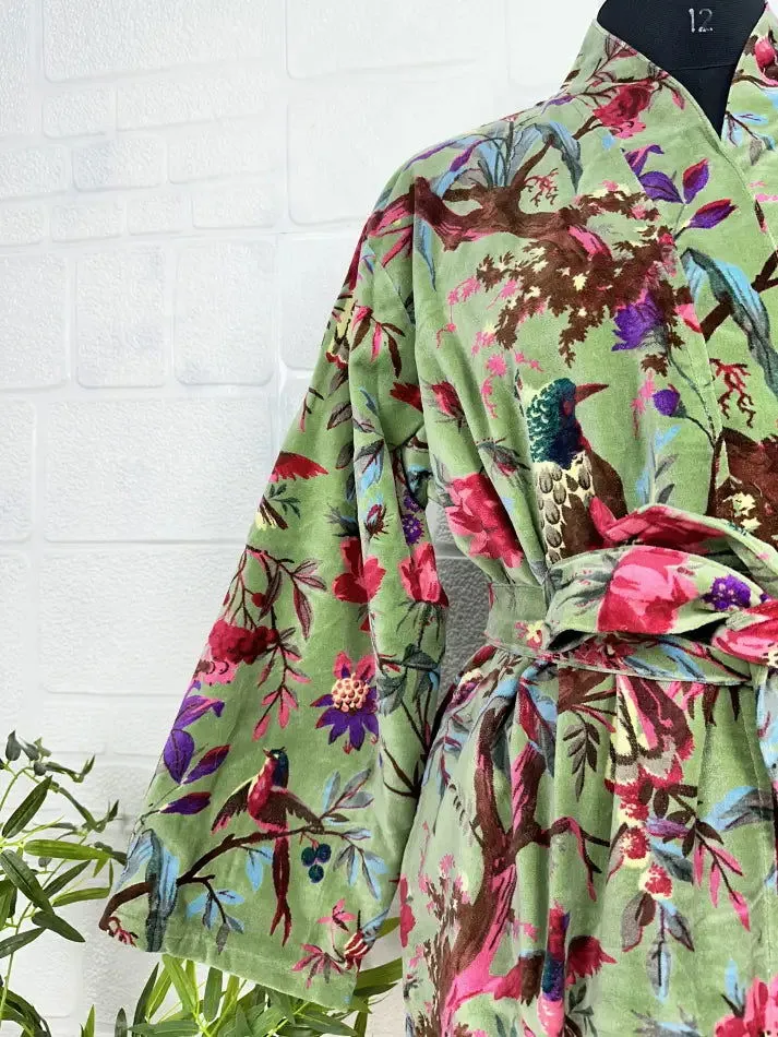 Luxury Velvet House Robe Unisex Kimono Jacket Reversible Silk Lined Autumn Winter Gift Elegant Bird Green Malibu Bluish Valentine Love