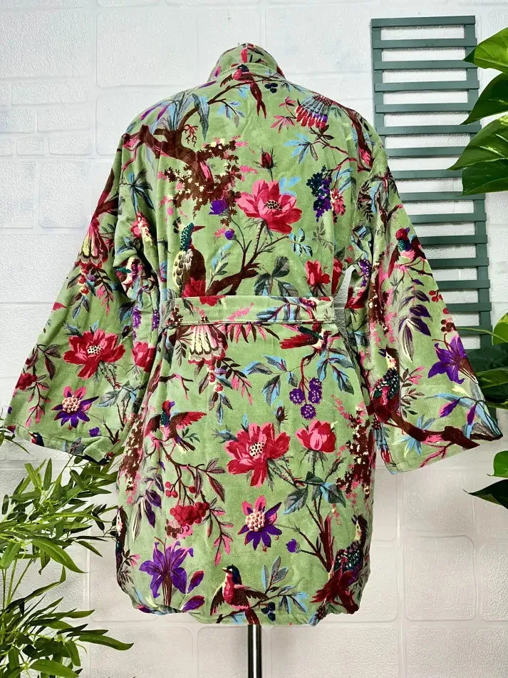 Luxury Velvet House Robe Unisex Kimono Jacket Reversible Silk Lined Autumn Winter Gift Elegant Bird Green Malibu Bluish Valentine Love