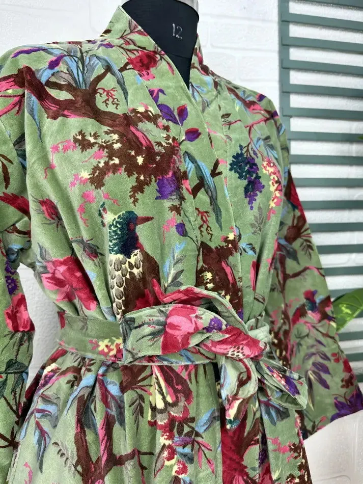 Luxury Velvet House Robe Unisex Kimono Jacket Reversible Silk Lined Autumn Winter Gift Elegant Bird Green Malibu Bluish Valentine Love