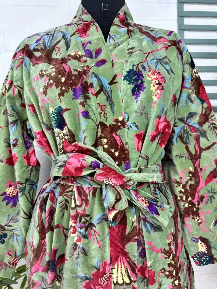 Luxury Velvet House Robe Unisex Kimono Jacket Reversible Silk Lined Autumn Winter Gift Elegant Bird Green Malibu Bluish Valentine Love