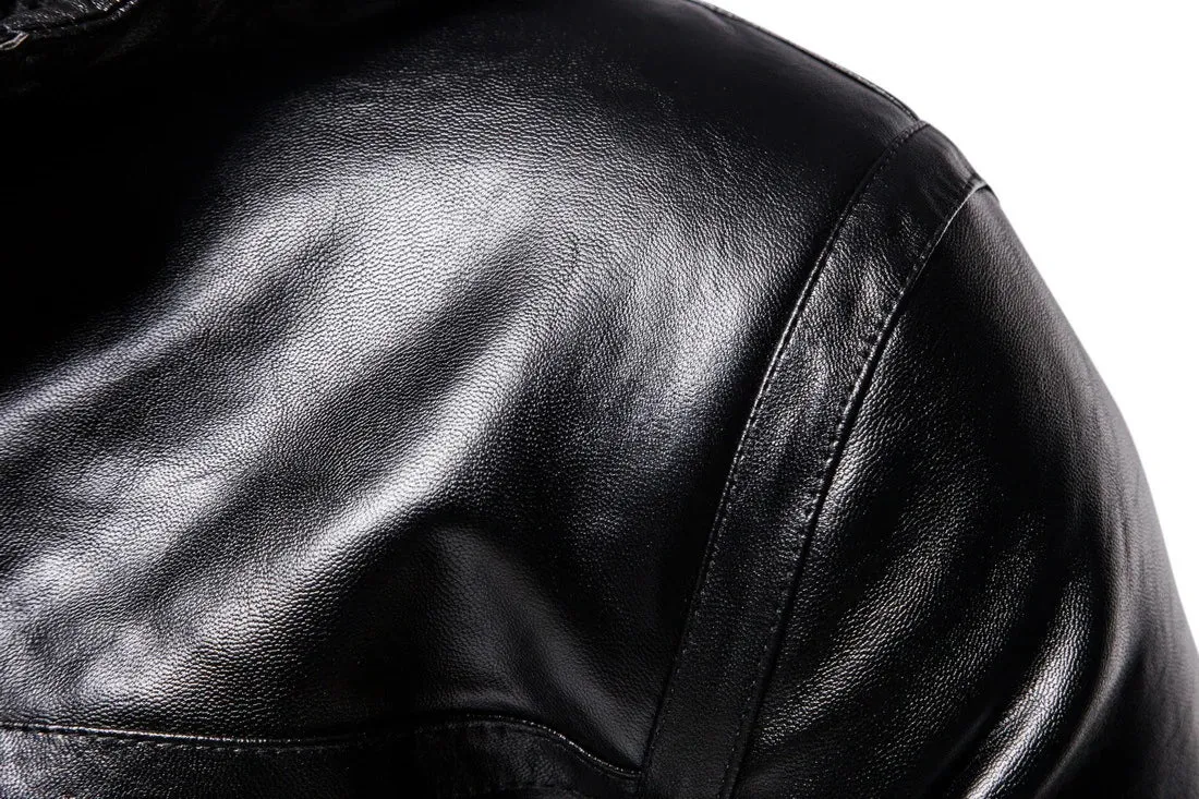 Men's Casual Hooded Slim Fur Coat Men's Slim Solid Color Leather Jacket Men Winter Zipper Patchwork Faux Leather Coats