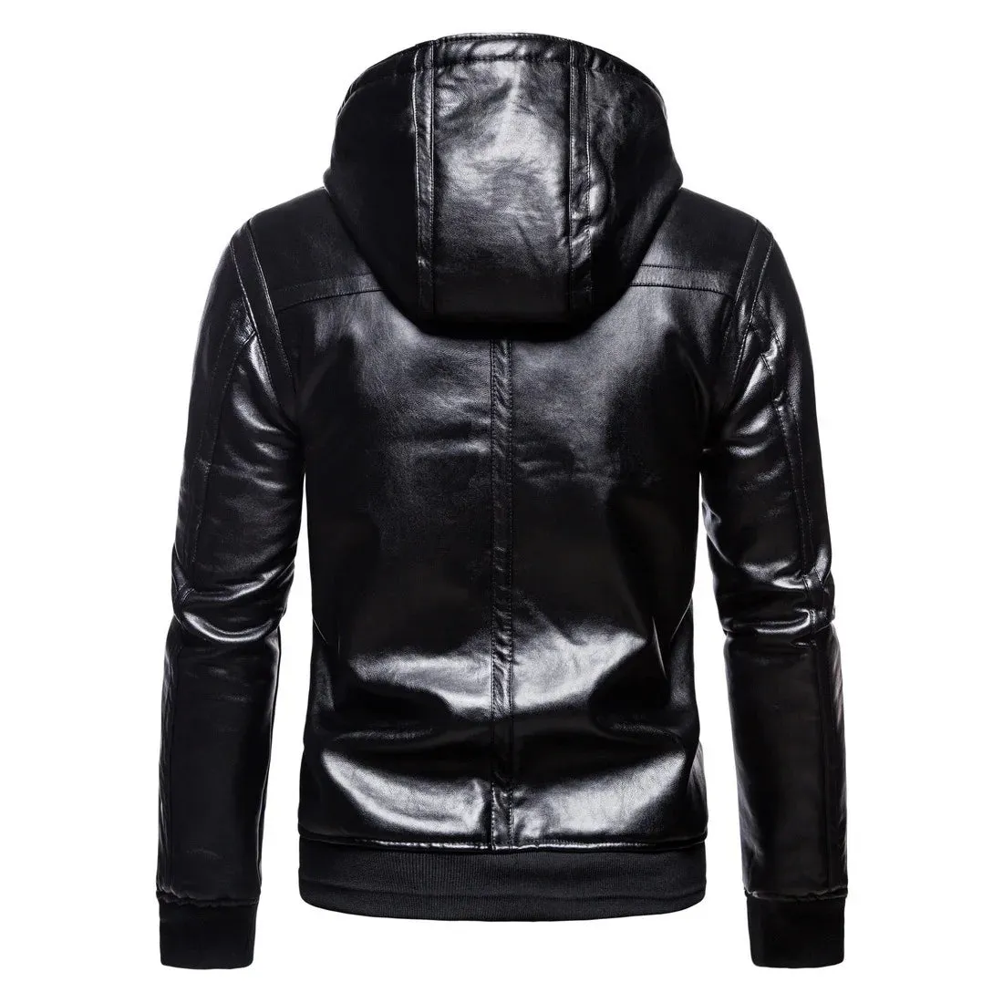 Men's Casual Hooded Slim Fur Coat Men's Slim Solid Color Leather Jacket Men Winter Zipper Patchwork Faux Leather Coats