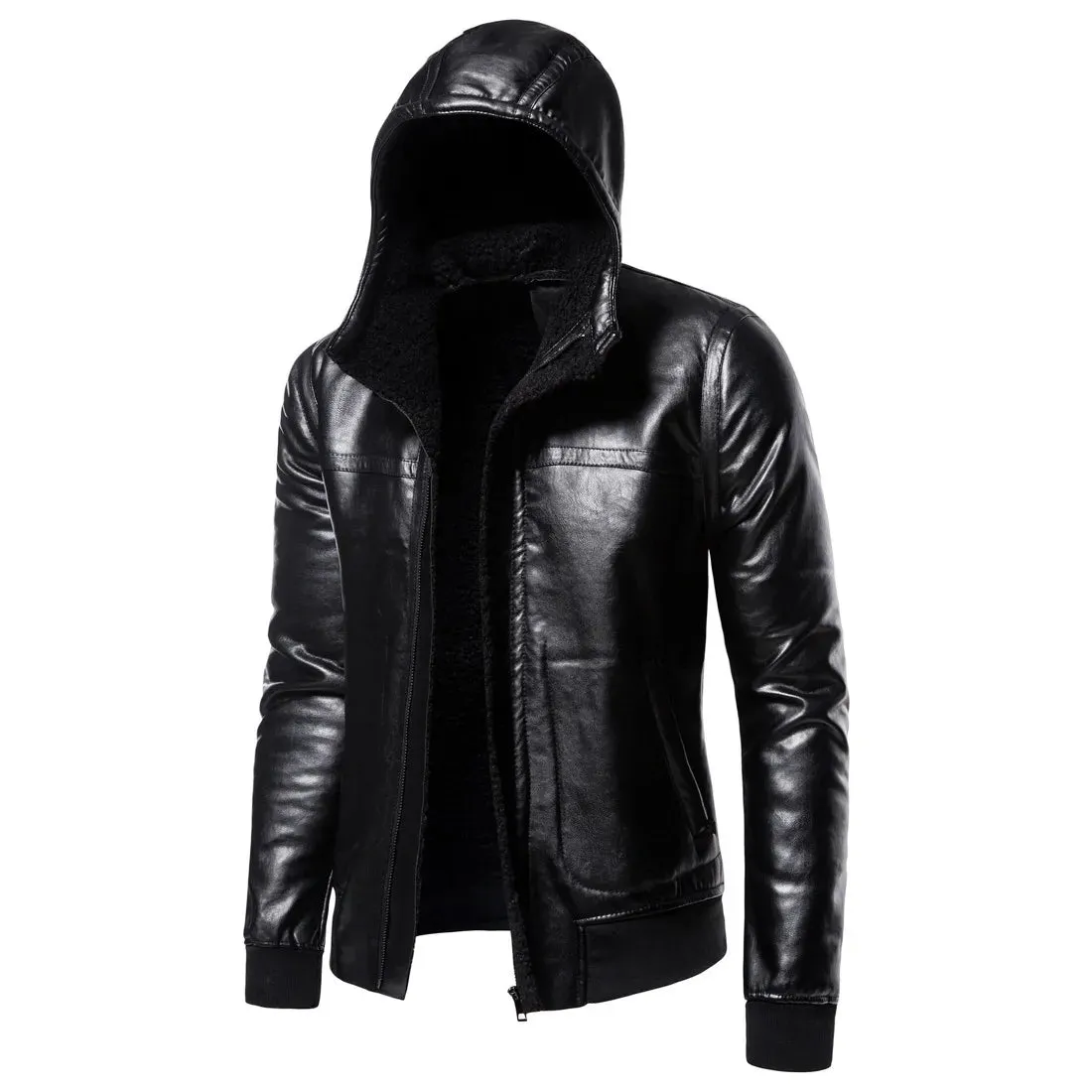 Men's Casual Hooded Slim Fur Coat Men's Slim Solid Color Leather Jacket Men Winter Zipper Patchwork Faux Leather Coats