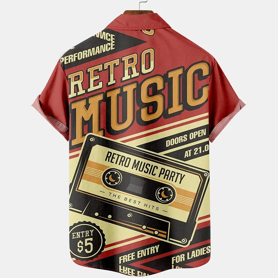 Mens Retro Music Print Lapel Loose Short Sleeve Hawaiian Shirts
