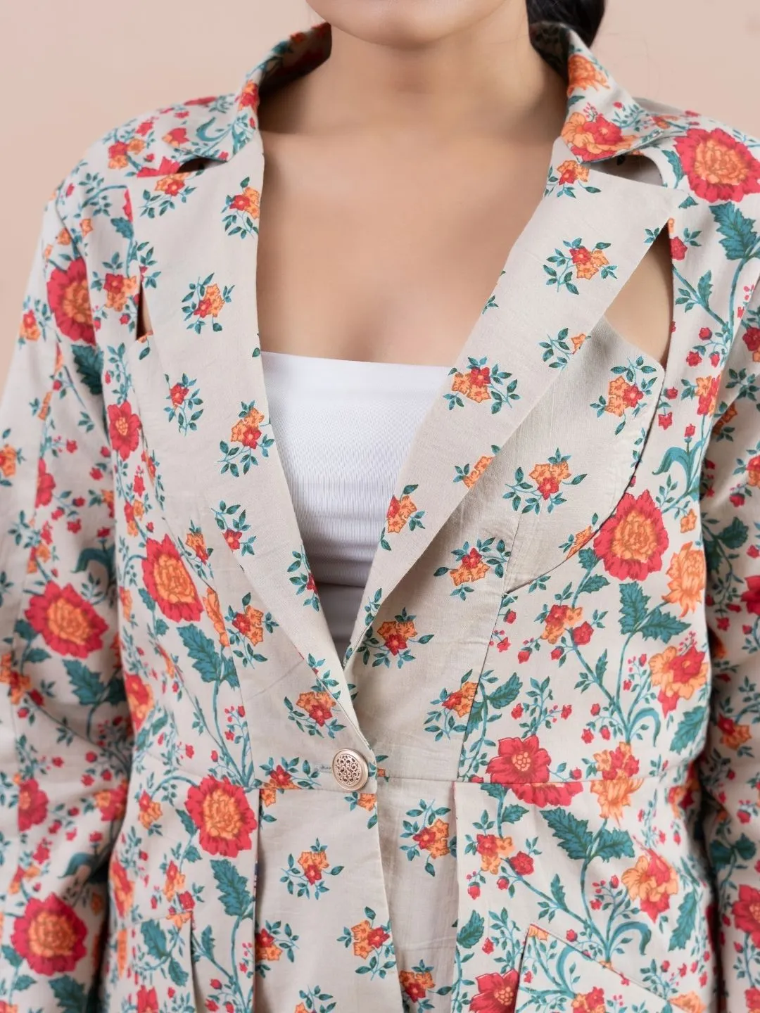 modish pure cotton printed stylized key hole, lapel collar , full sleeve casual jacket . - Multi