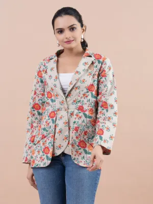 modish pure cotton printed stylized key hole, lapel collar , full sleeve casual jacket . - Multi