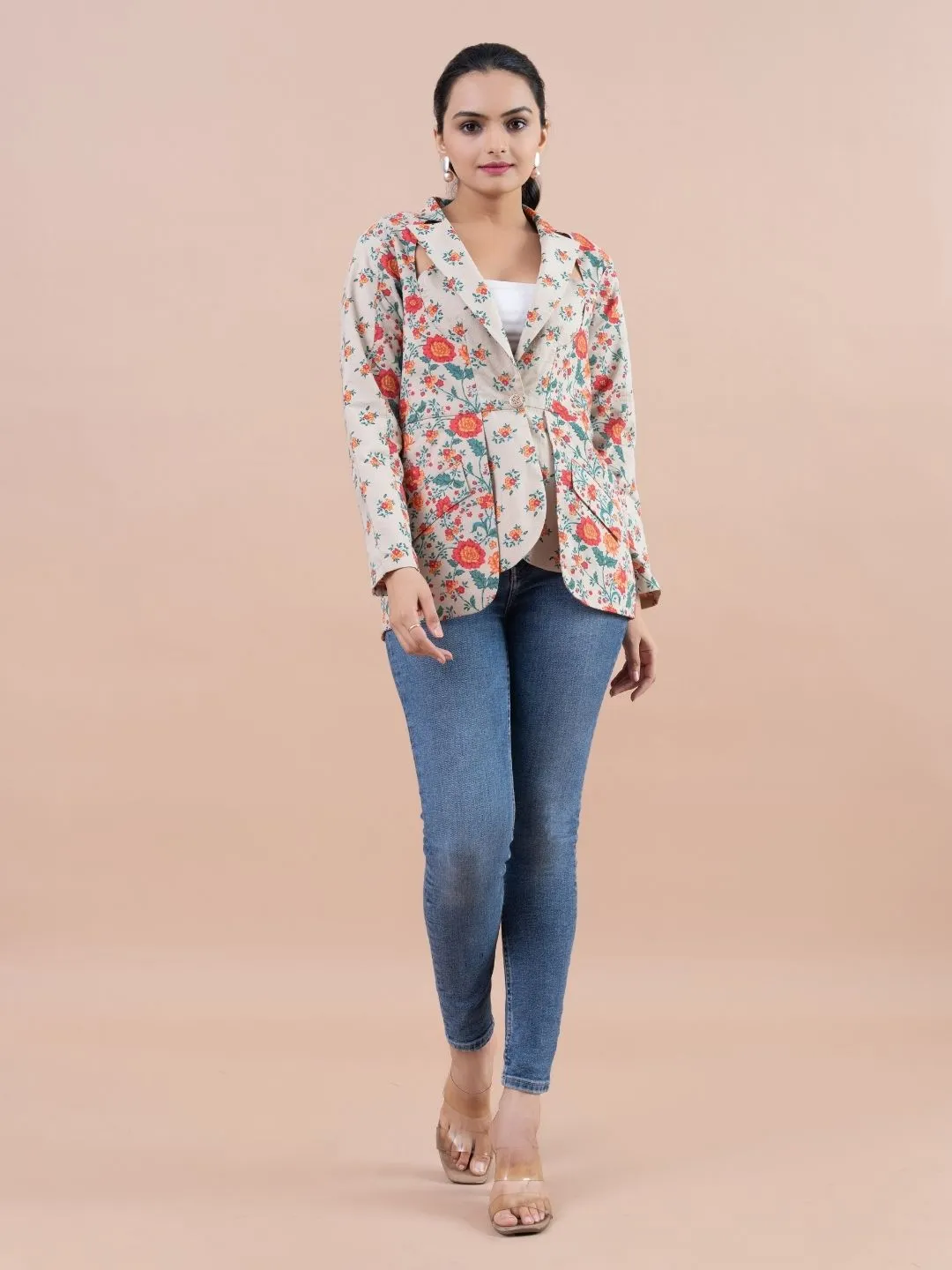 modish pure cotton printed stylized key hole, lapel collar , full sleeve casual jacket . - Multi
