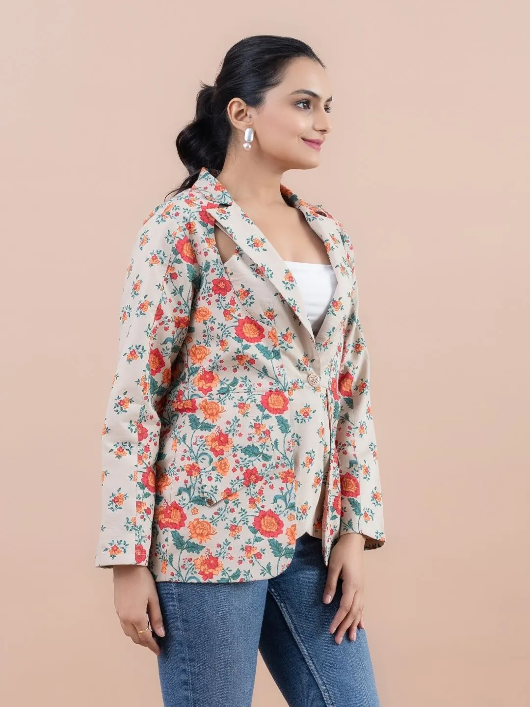 modish pure cotton printed stylized key hole, lapel collar , full sleeve casual jacket . - Multi