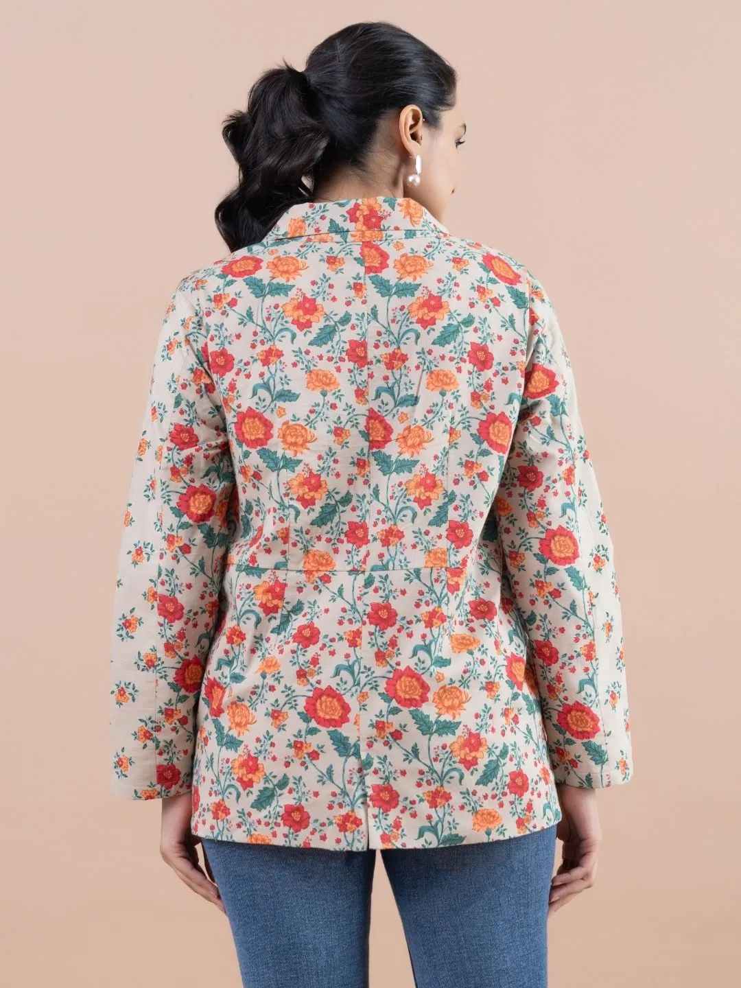 modish pure cotton printed stylized key hole, lapel collar , full sleeve casual jacket . - Multi