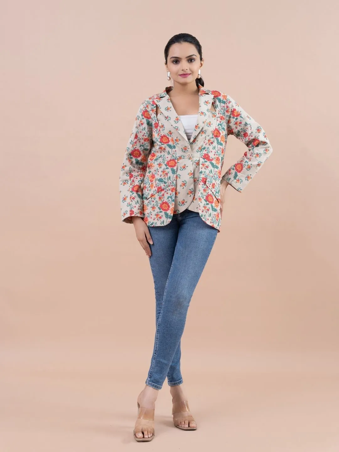 modish pure cotton printed stylized key hole, lapel collar , full sleeve casual jacket . - Multi