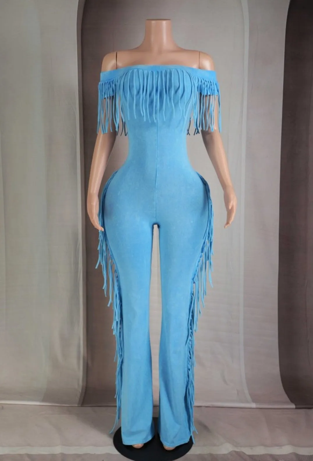 "Sweetest Girl In Town" Mineral Wash Fringe Off Shoulder Jumpsuit.