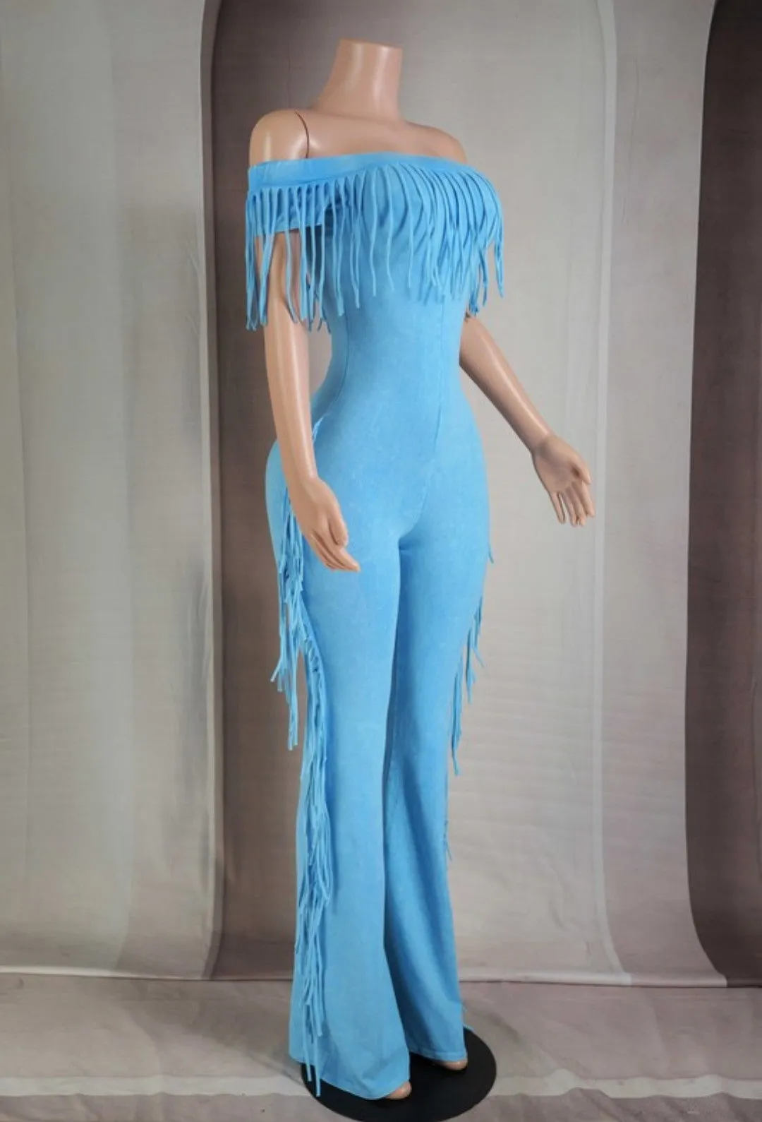 "Sweetest Girl In Town" Mineral Wash Fringe Off Shoulder Jumpsuit.
