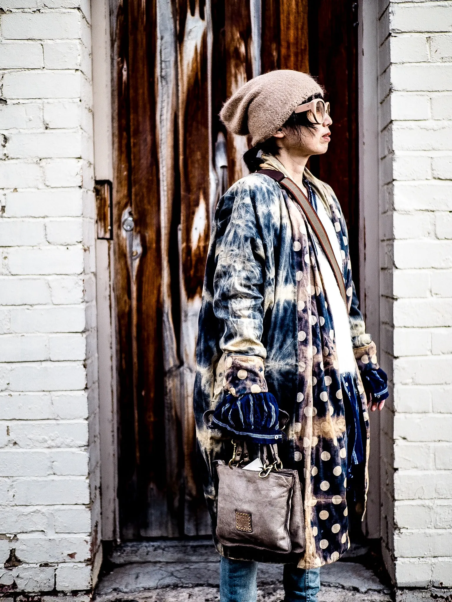 Reversible cocoon coat (Linen) - Acid wash blue