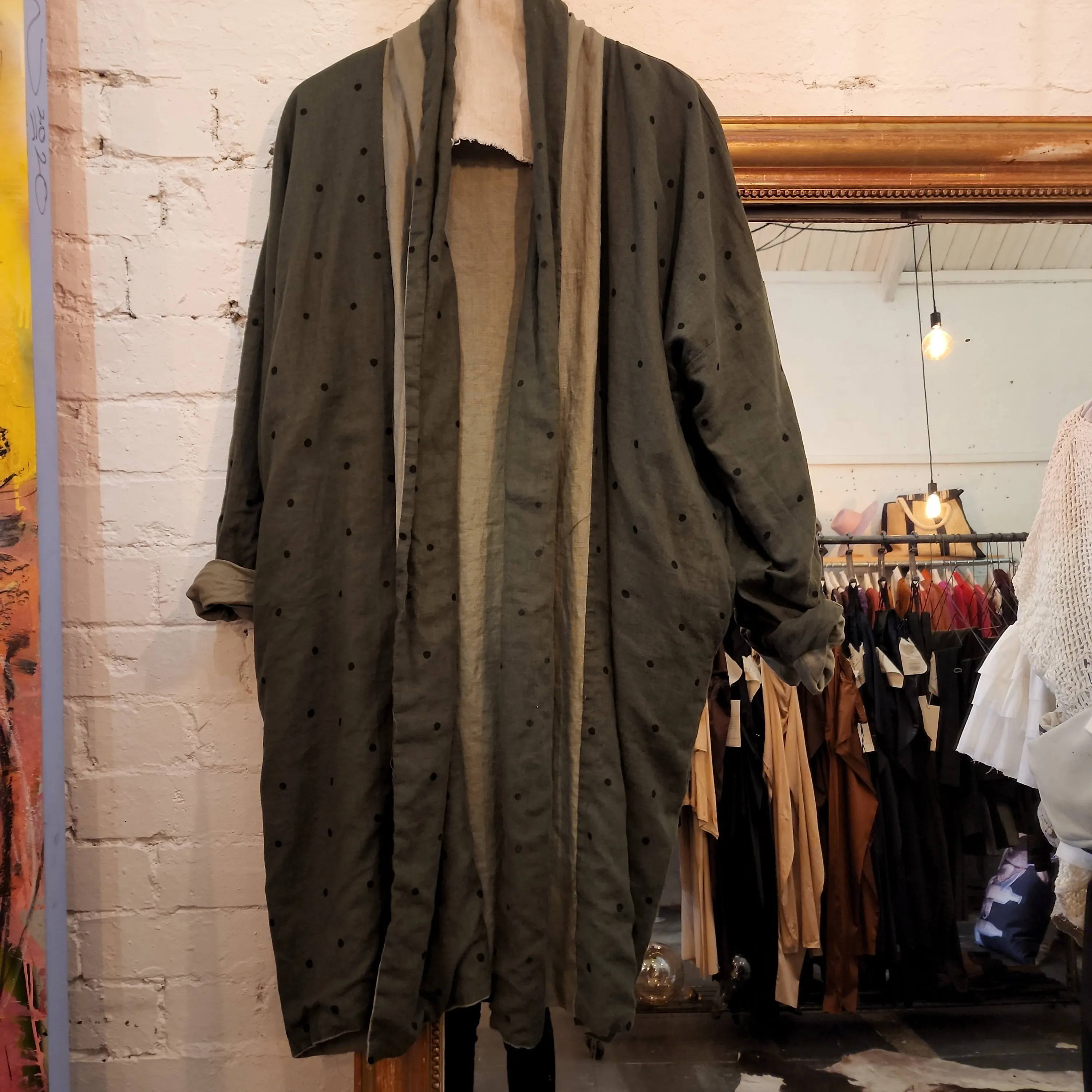 Reversible cocoon coat (Linen) - Acid wash blue