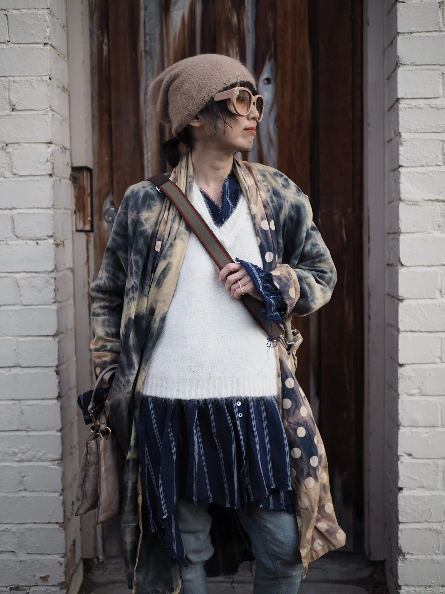 Reversible cocoon coat (Linen) - Acid wash blue