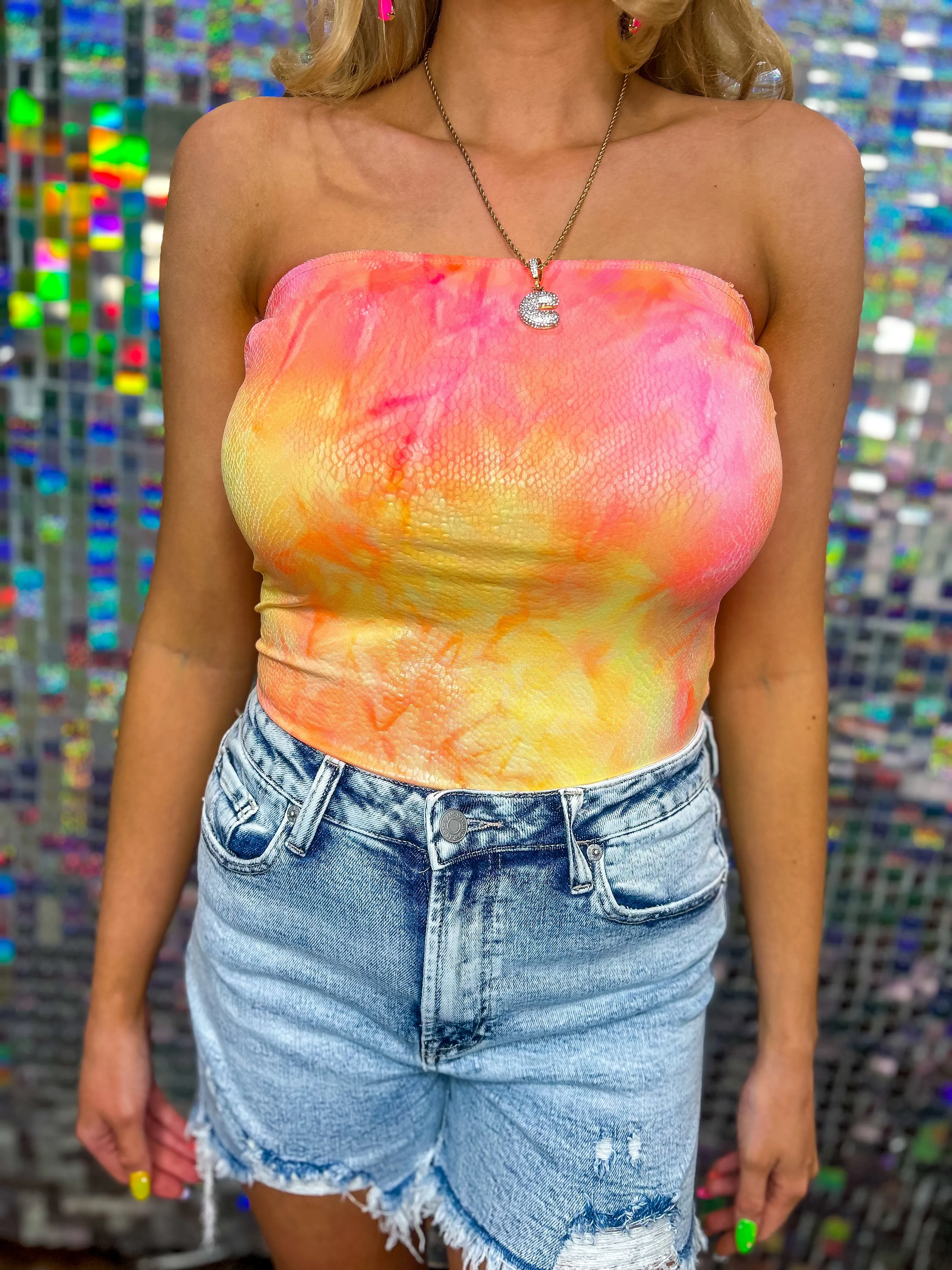 Sunsets and Selfies Strapless Liquid Snake Print Tie Dye Bodysuit - Neon Orange/Pink/Yellow Mix